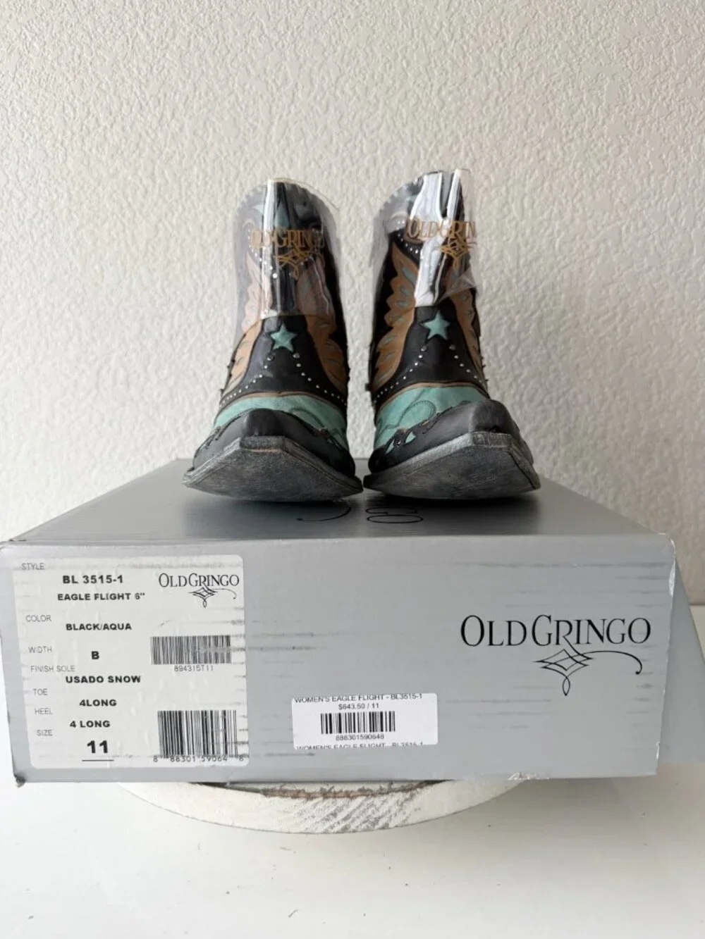 Old Gringo EAGLE FLIGHT Short Cowboy Boots Black Turquoise Womens 11 Snip Toe